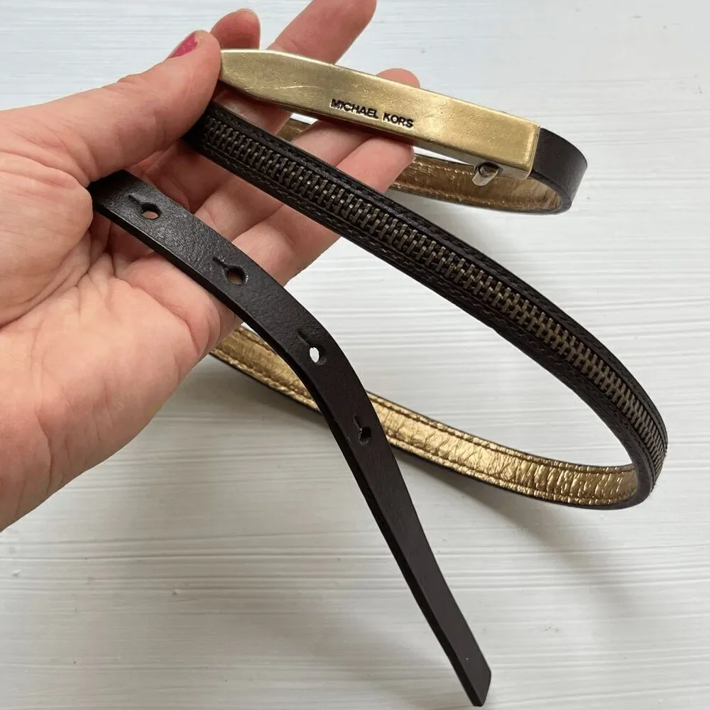 VTG Y2K Michael Kors Brown Leather Skinny Belt w/ Zipper Detail Gold Buckle